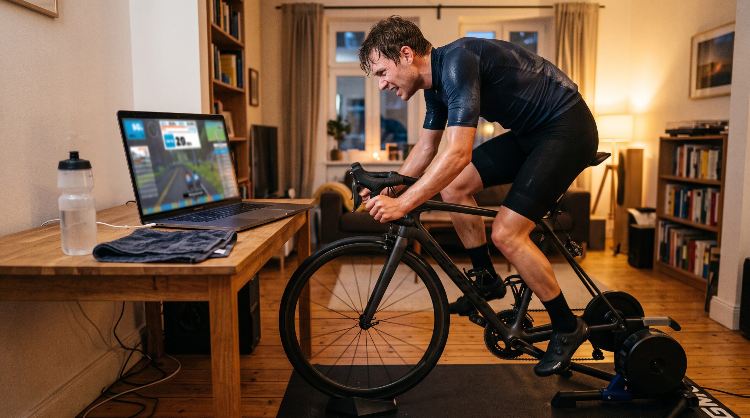 Ciclista haciendo un test de FTP en rodillo inteligente en casa
