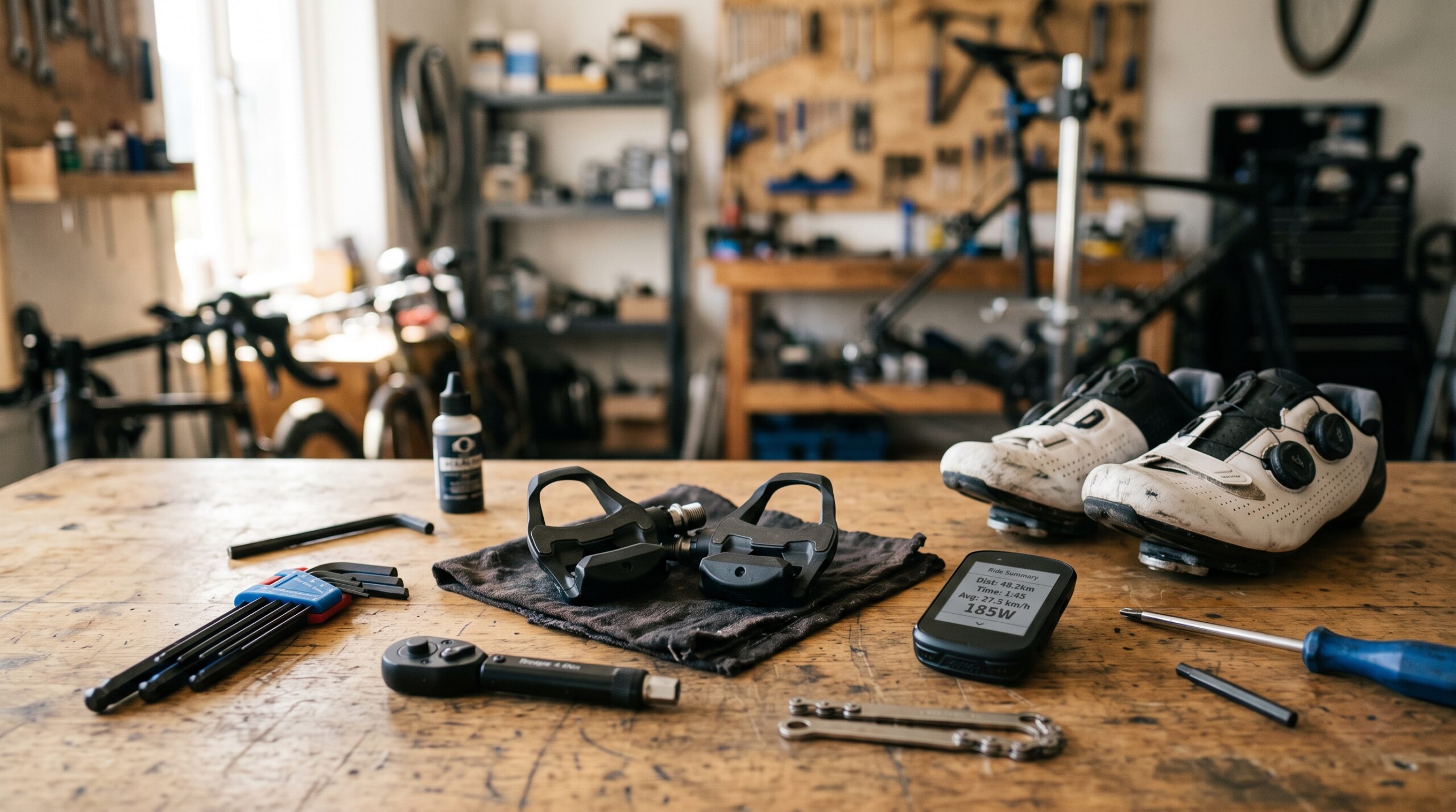 Pedales con potenciómetro y ciclocomputador GPS sobre una mesa de taller